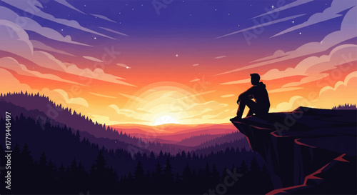 Silhouette of a person sitting on a cliff watching the sunset over a landscape with mountains and trees.