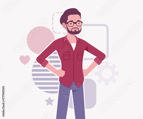 Modern businessman, smart startupper stand pose. Small business company developer, founder entrepreneur, handsome freelance male vector flat style cartoon illustration, abstract creative background