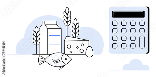Milk carton, cheese wedge, fish, wheat stalks, egg, and calculator representing food cost, nutrition tracking, or budgeting. Ideal for health diet finance agriculture food industry education