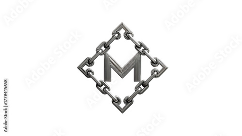 Stylized silver 'M' logo enclosed in an intricate chain design on a transparent background.