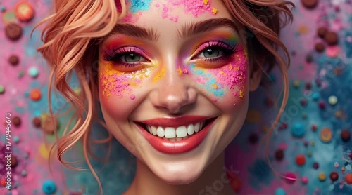 Vibrant close-up portrait of a cheerfully smiling young woman with artistic colorful pigment makeup adorning her face against a bright confetti-like background
