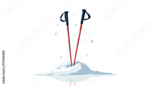 Red ski poles crossed in snowy mound with reflection and snowflakes, concept of alpine sport and symmetry