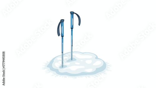 Pair of blue ski poles inserted into icy patch of snow, concept of winter activity and gear