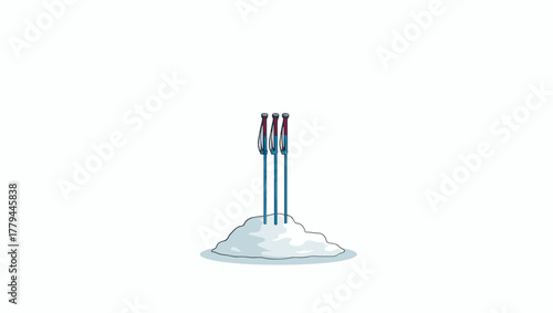 Group of ski poles planted in snow mound on white background, concept of teamwork and winter unity