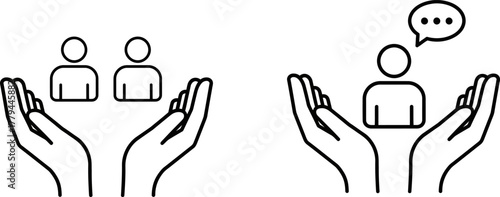 Hands holding people icons representing care and communication
