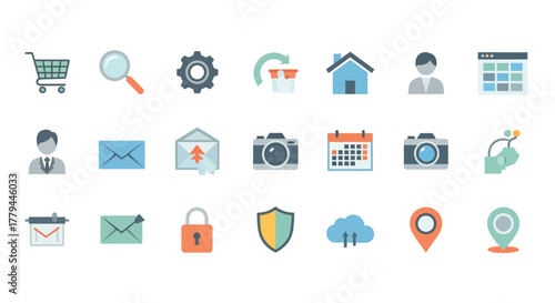 Collection of modern flat design styled vector icons representing various website functions
