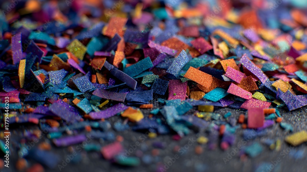 Obraz premium Colorful confetti pieces scattered on a dark surface. The confetti features various shapes and vibrant hues, creating a festive atmosphere.