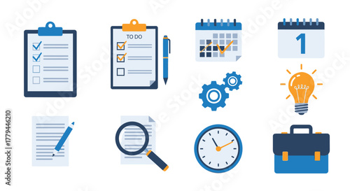 Icon set illustrating project management, workflow, planning and scheduling items