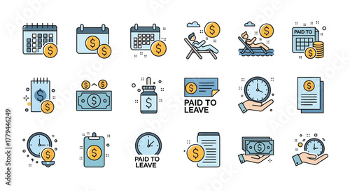 Collection of vibrant paid time off and leave benefit vector icons set