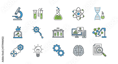Collection of minimalist science and research vector icons on clean backdrop