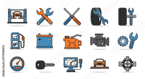 Automotive service and repair icons showcasing various equipment and tools