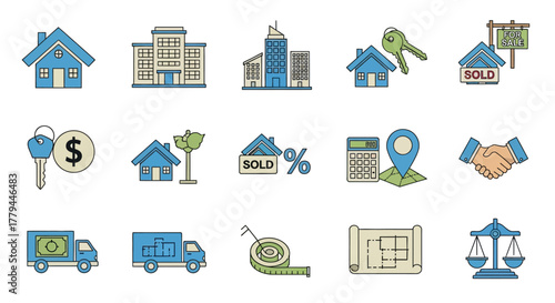 Real estate icon collection representing property, sales, and housing investments