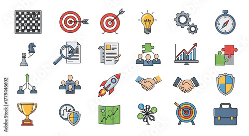 Business strategy vector icons collection depicting growth and planning