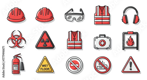 Vector collection of industrial safety and hazard warning signs on white surface