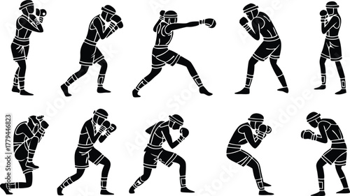 Dynamic Muay Thai fighters in action, showcasing skill, strength, and discipline for sports, fitness, or martial arts promotions, originally created as vector art