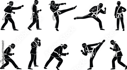 Dynamic martial arts silhouettes showcase powerful karate and taekwondo moves, perfect for fitness, self-defense, and athletic inspiration, strength training