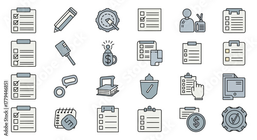 Modern vector icon set representing diverse aspects of task management and efficiency