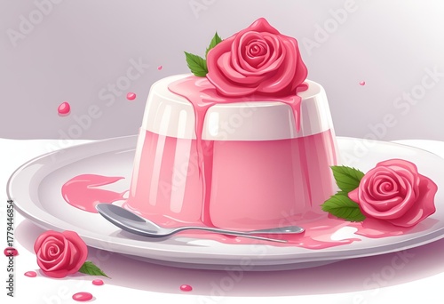 Illustration of Rose Water Panna Cotta adorned with a vibrant rose blossom, highlighting its elegant and aromatic presentation.