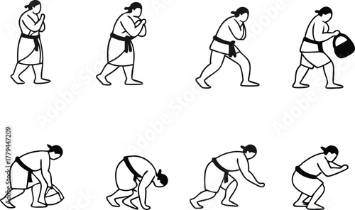 Dynamic sumo wrestler sequence showing movement, balance, and strength, ideal for sports illustrations, fitness guides, or cultural designs, vector origin