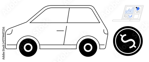 Compact car beside dollar sign and data dashboard showcasing analytics. Ideal for finance, automotive, transportation, fleet management, cost calculation, business strategy, simple flat metaphor