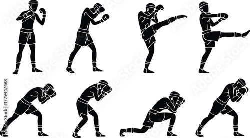 Dynamic Muay Thai fighters training, showcasing strength and discipline in traditional martial arts poses, inspiring action and fitness goals, powerful imagery