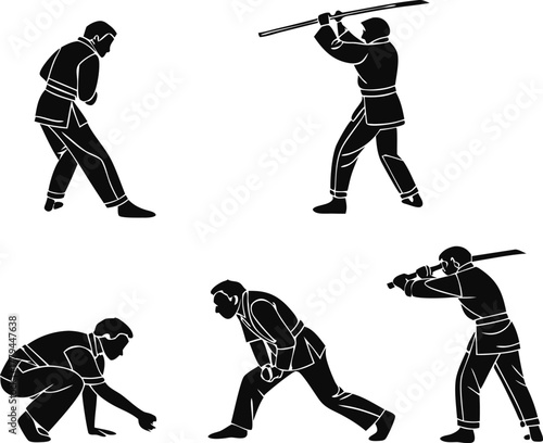 Dynamic martial arts poses showcase discipline and focus, perfect for illustrating strength, agility, and tradition in fitness or cultural projects