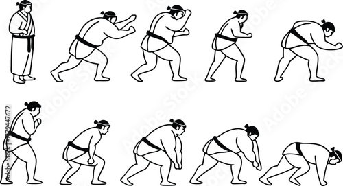 Dynamic sumo wrestling sequence, a traditional Japanese sport with powerful wrestlers in action, embodying strength, discipline, and cultural heritage