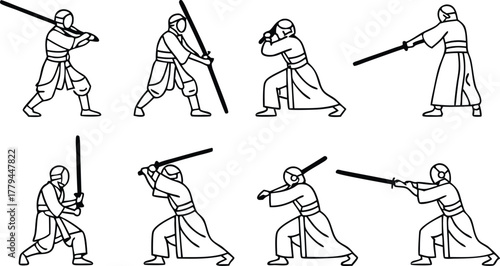 Dynamic warrior poses wielding swords, powerful fighters in action, martial arts mastery, vector illustration, strong figures in combat stances, ready for battle