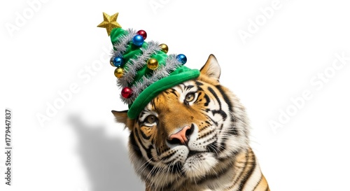 tiger wearing a Christmas tree hat, holiday animal graphic, on a white background