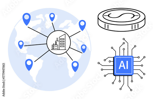 Factory-linked global network, pinpoint locations, AI chip for technology, and coin for finance. Ideal for global trade, AI, industry, finance logistics technology innovation. Simple flat metaphor