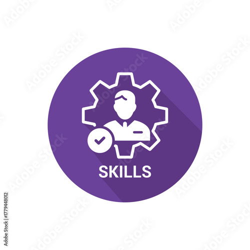 Skills icon with check sign. Skilled employee icon and approved, confirm, done, tick, completed symbol. Talents and abilities. Leadership capability development. Faculties. Skill, icon, technical