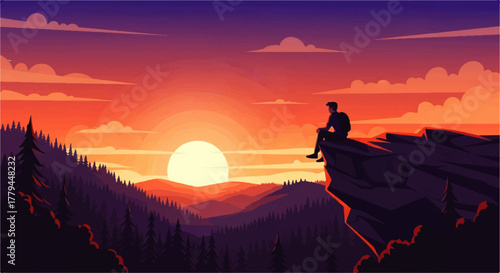 Silhouette of a person sitting on a cliff watching the sunset over a mountain range.