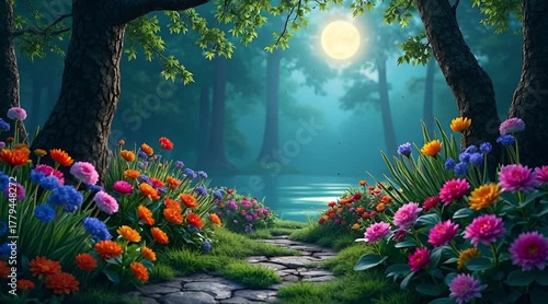 Magical forest path winding through vibrant flowers under a brilliant full moon creating a fantasy landscape scene at night