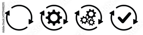 process, workflow, cycle, repeat, refresh, gear, cogwheel, mechanism, engineering, development, progress, check, mark, tick, success, icon, set, symbol, illustration, vector, graphic, design, business