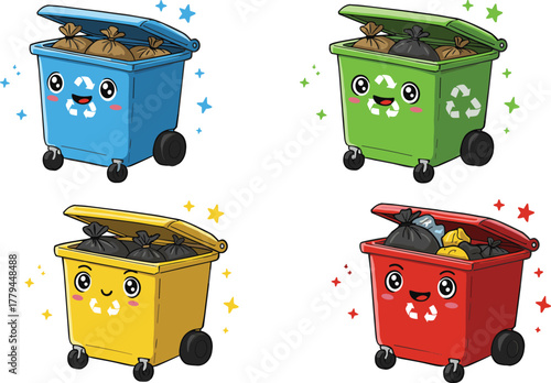 Cartoon garbage bins with recycling symbols, colorful waste segregation containers, eco-friendly trash management, happy faces, children education, cad drawing flat vector illustration