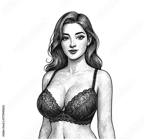 Beautiful Woman in Lingerie – Detailed Engraving Line Art Illustration