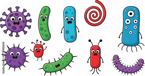 Cartoon germs vector illustration, colorful microbes characters, funny bacteria clipart, cute virus drawing, educational health design, cad drawing flat vector illustration