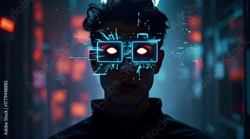 Futuristic Portrait of a Young Man Wearing Glowing Augmented Reality Glasses in a Dark Cyberpunk Setting Representing AI VR and Digital Data Flow