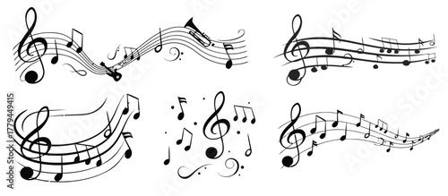 music, notes, staff, treble clef, clefs, musical, symbols, notation, melody, song, sound, rhythm, composition, art, graphic, design, black, white, isolated, collection, set, wavy, flowing, abstract, c