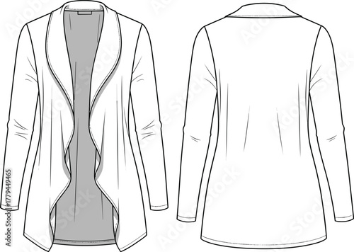 Vector fashion illustration of women’s open front cardigan with long sleeves, draped waterfall design, front and back technical sketch view
