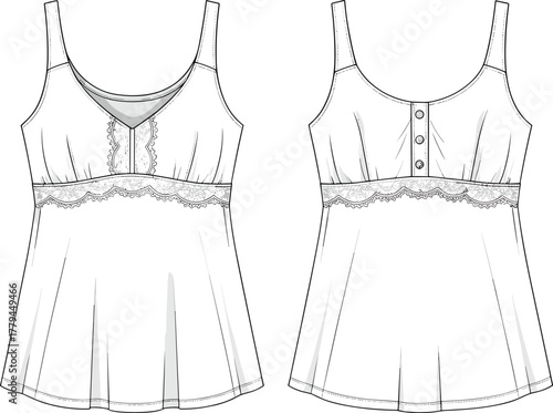"Vector fashion illustration of women’s camisole top with lace trim, scoop neckline, empire waist, front back technical sketch design"