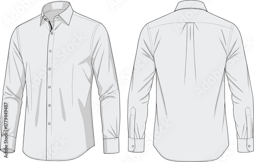 Vector technical fashion illustration of long sleeve button up dress shirt front and back views with collar cuffs placket pleat