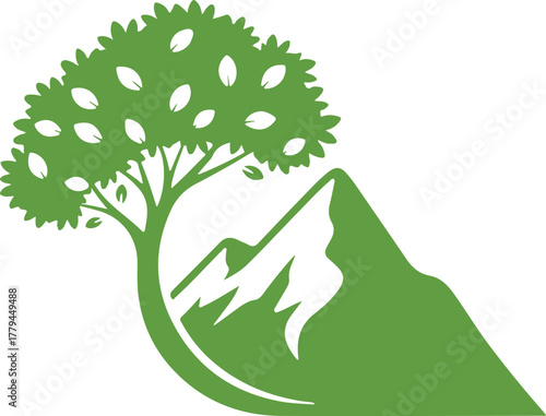 Tree and Mountain Abstract Logo. Nature, outdoor adventure, and environmental conservation graphic