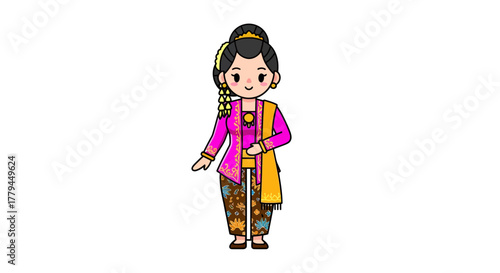 Cartoon depiction of a woman in traditional Javanese attire showcasing cultural heritage and fashion