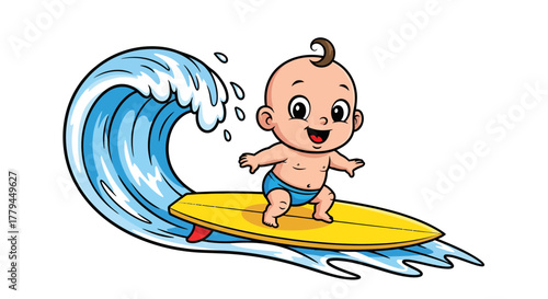 Cartoon depiction of an infant joyfully surfing a dynamic wave on a bright yellow board