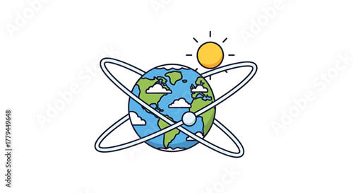 Cartoon depiction of planet earth surrounded by orbiting rings under a shining sun