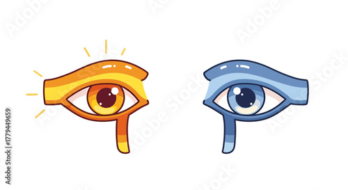 Cartoon depiction of the Eyes of Horus showcasing contrasting color schemes for different symbolism