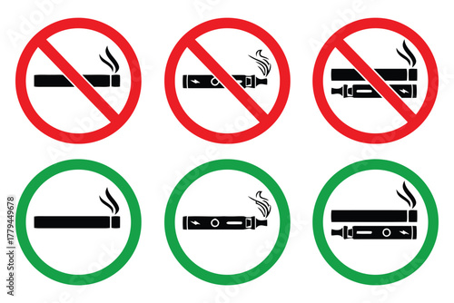 no smoking, smoking, e-cigarette, vape, vaping, electronic cigarette, prohibition, forbidden, allowed, permitted, sign, symbol, icon, set, collection, red circle, green circle, crossed out, smoke, vap