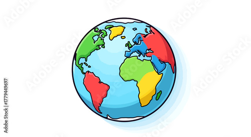 Cartoon globe illustration featuring vibrant continents against a soft blue oceanic background