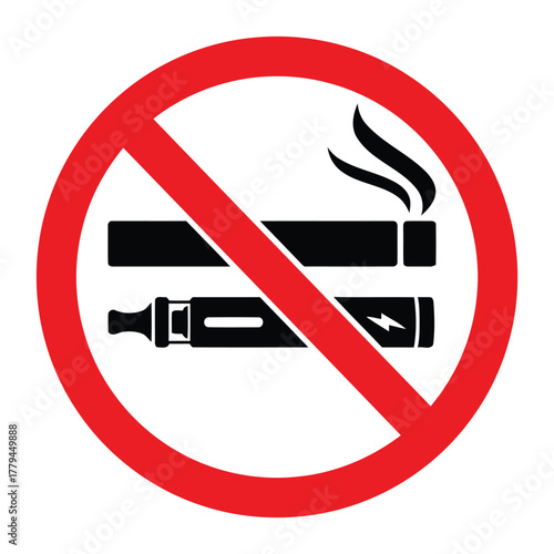 no smoking, no vaping, prohibition, forbidden, cigarette, e-cigarette, vape pen, electronic cigarette, smoke, vapor, red circle, slash, sign, symbol, warning, health, public health, restriction, ban, 